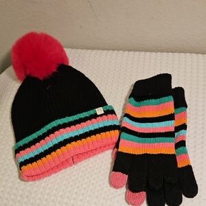 Simply Noelle Black and Pink Striped Hat and Gloves Set